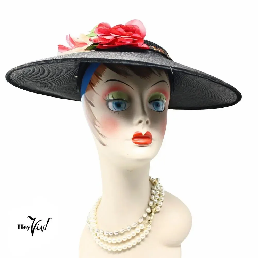Vintage 1940s Black Wide Brim Platter Tilt Hat Floral Statement Style - Hey Viv